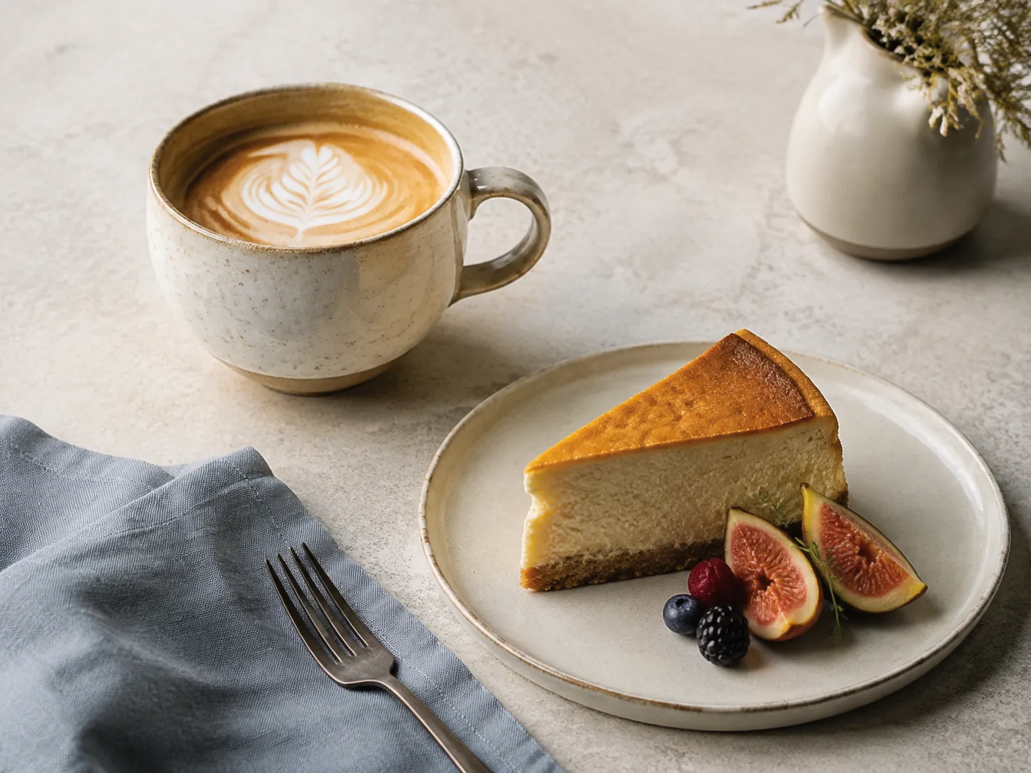 カフェラテと季節のフルーツを添えたチーズケーキ