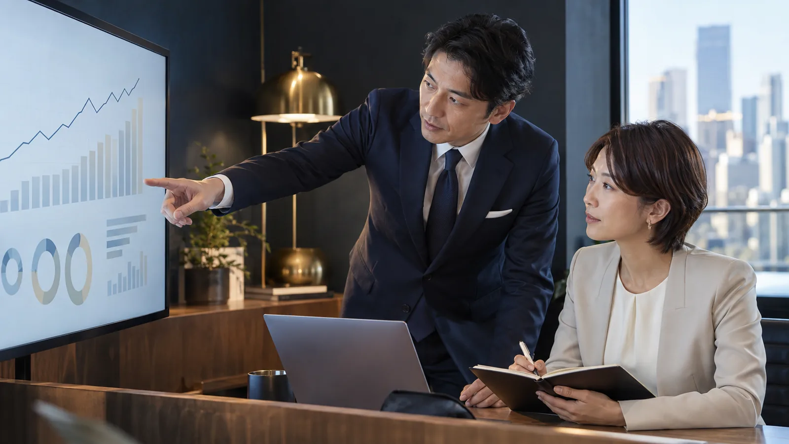 事業データを確認し成長戦略を話し合う様子