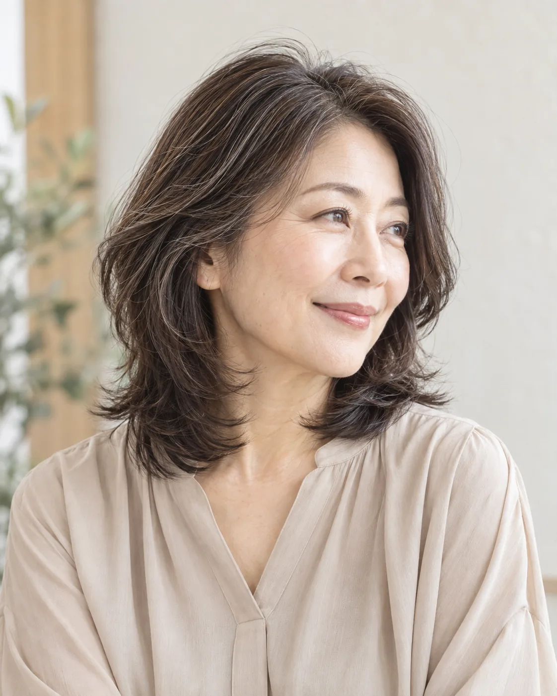 自然なグレイヘアを活かしたミディアムレイヤー